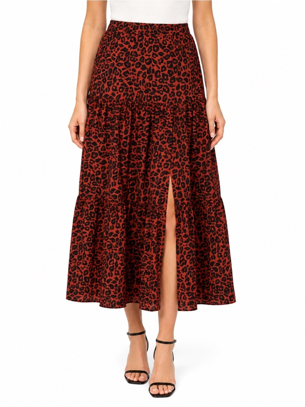 Nine West Red and Black Leopard Print Tiered Maxi Skirt with Front Slit